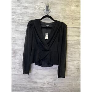 Express Top XS Black Long Sleeve Faux Wrap V Neck Sheer Flocked‎ Sleeves